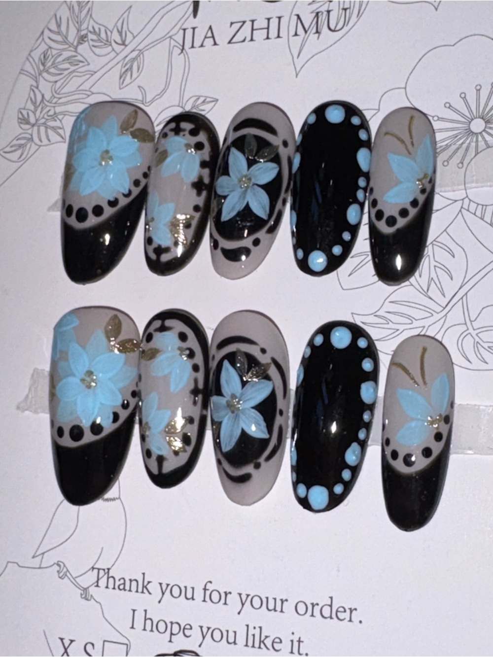 Blue Floral Accent Press-On Nails for Women